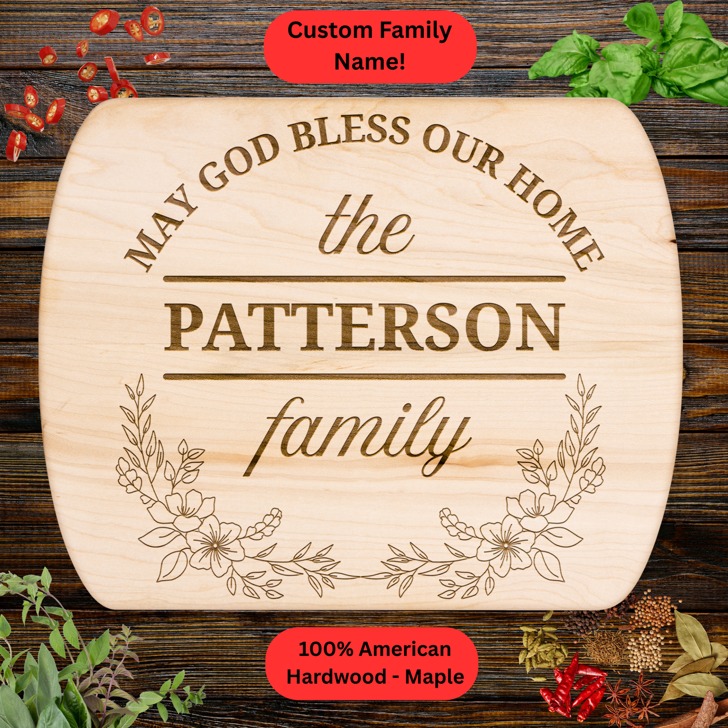 Personalized May God Bless Our Home Cutting Board. Custom Family Name. Christian Family Gift