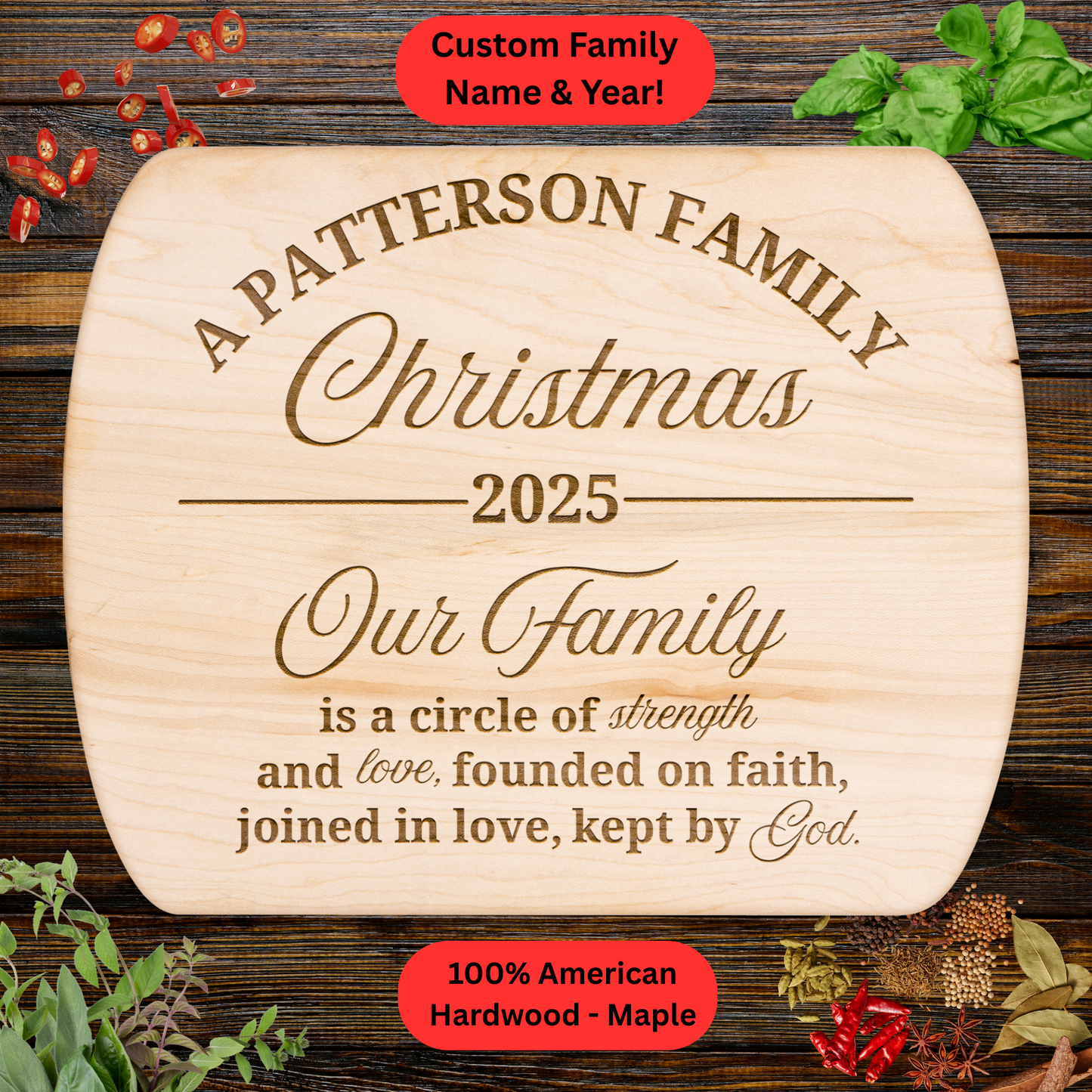 Personalized Family Christmas Cutting Board. Custom Family Name and Year. Family Christmas Gift