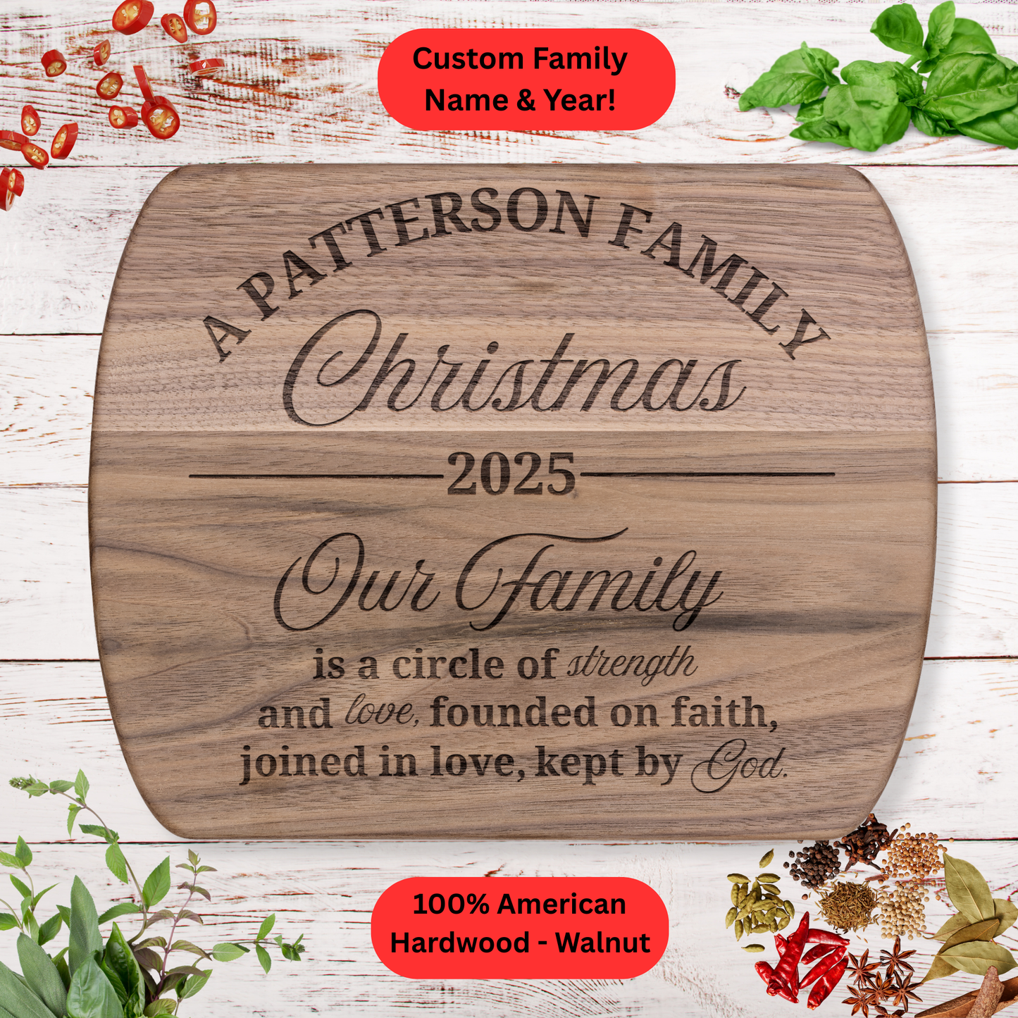 Personalized Family Christmas Cutting Board. Custom Family Name and Year. Family Christmas Gift