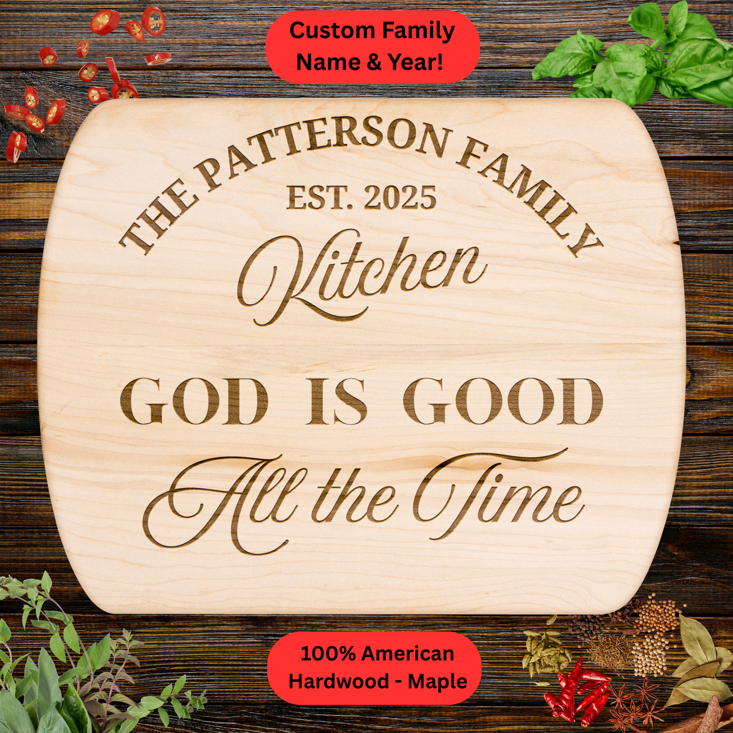 Personalized Family Kitchen Cutting Board. Custom Family Name Gift. Christian Family Gift. Walnut or Maple