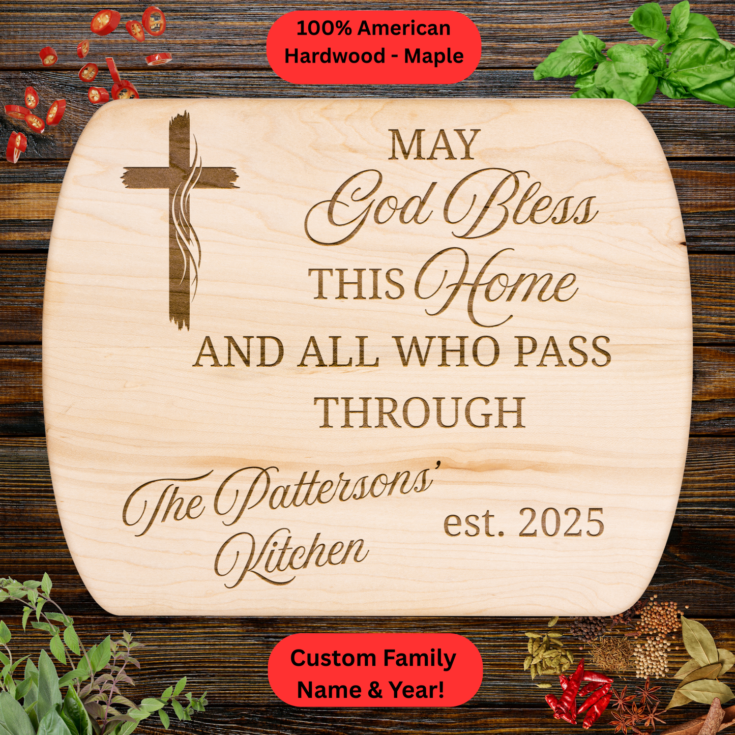 Personalized Christian Cutting Board. Family Kitchen Gift. Walnut or Maple. Custom Name and Year