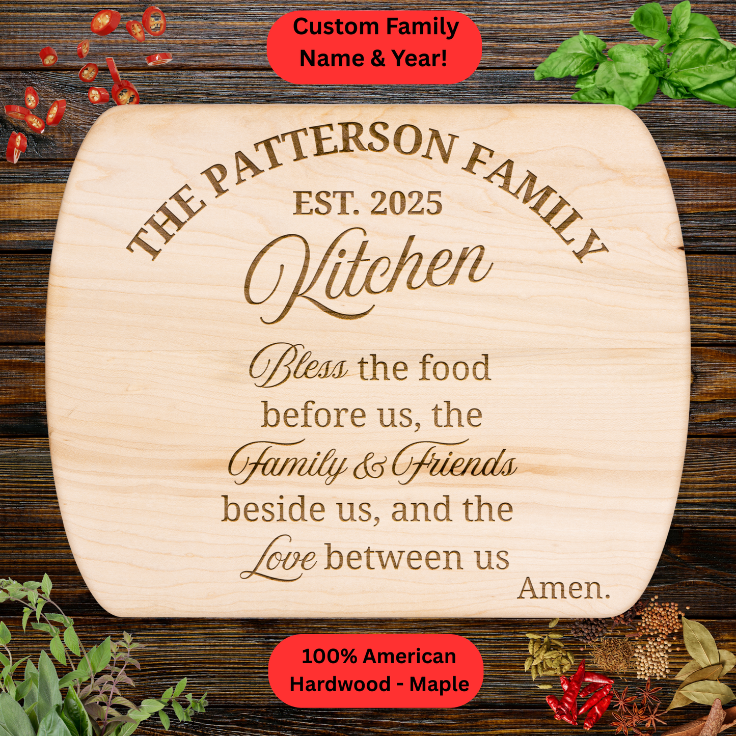 Personalized Family Prayer Cutting Board. Custom Kitchen Blessing. Walnut or Maple. Family Name and Year Gift