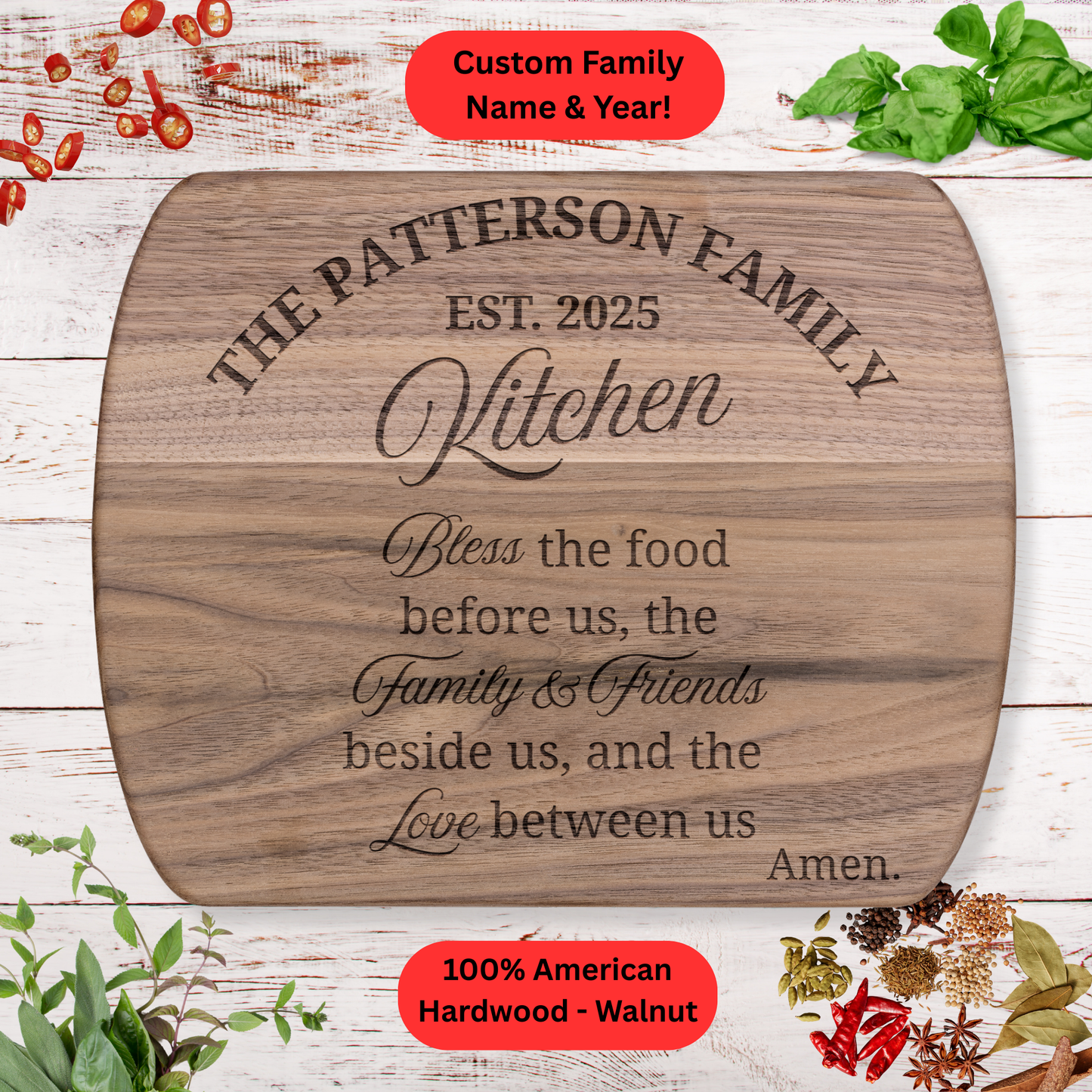 Personalized Family Prayer Cutting Board. Custom Kitchen Blessing. Walnut or Maple. Family Name and Year Gift