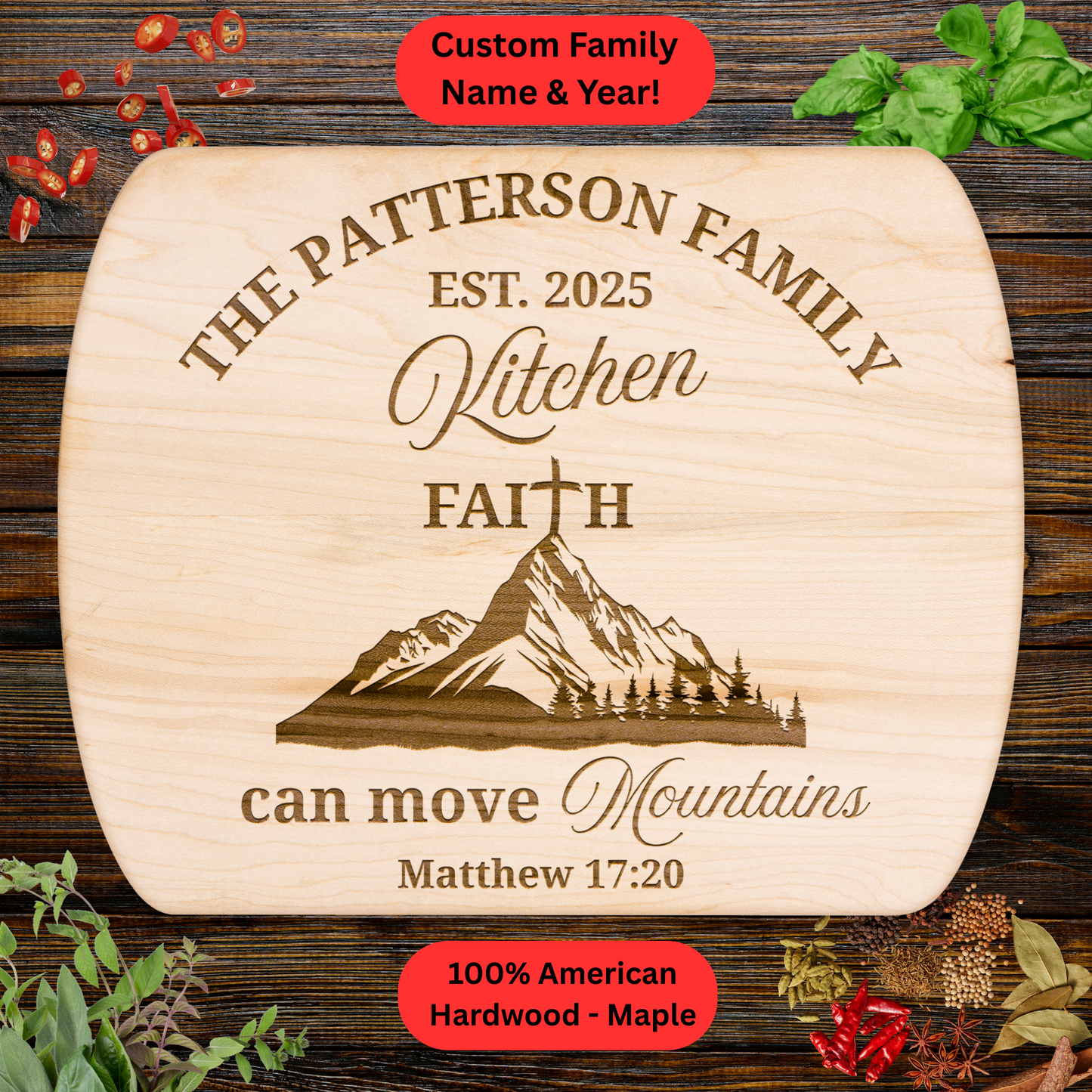 Personalized Faith Cutting Board. Custom Family Kitchen Gift. Walnut or Maple.