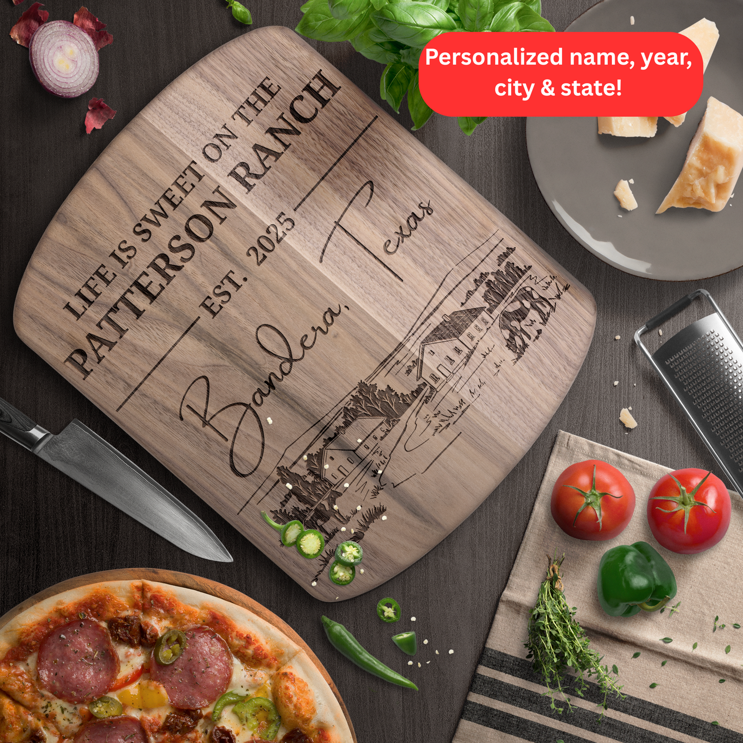 Personalized Ranch Cutting Board. Custom Name, Year, City and State Gift. Ranch Family Gift.