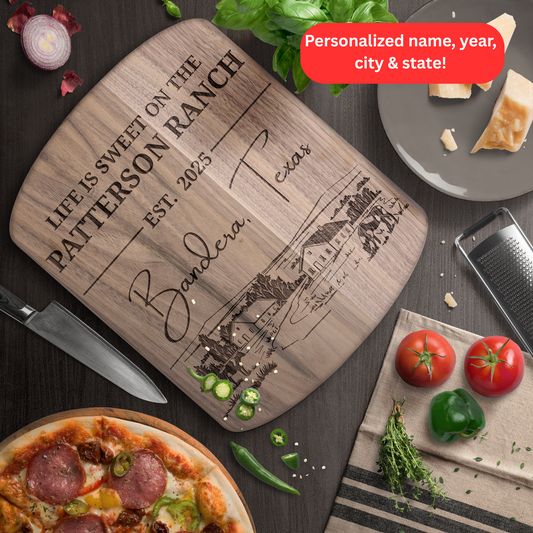 Personalized Ranch Cutting Board. Custom Name, Year, City and State Gift. Ranch Family Gift.