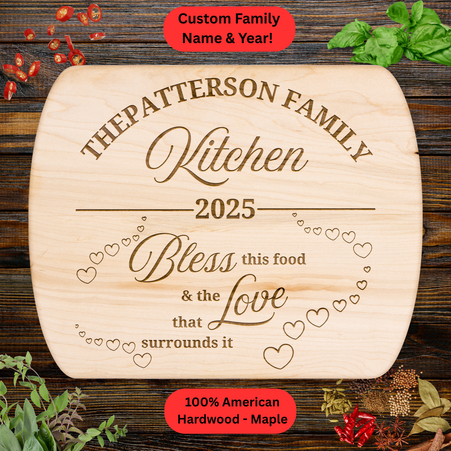 Personalized Kitchen Blessing Cutting Board. Custom Family Name and Year. Walnut or Maple. Meaningful Home Gift