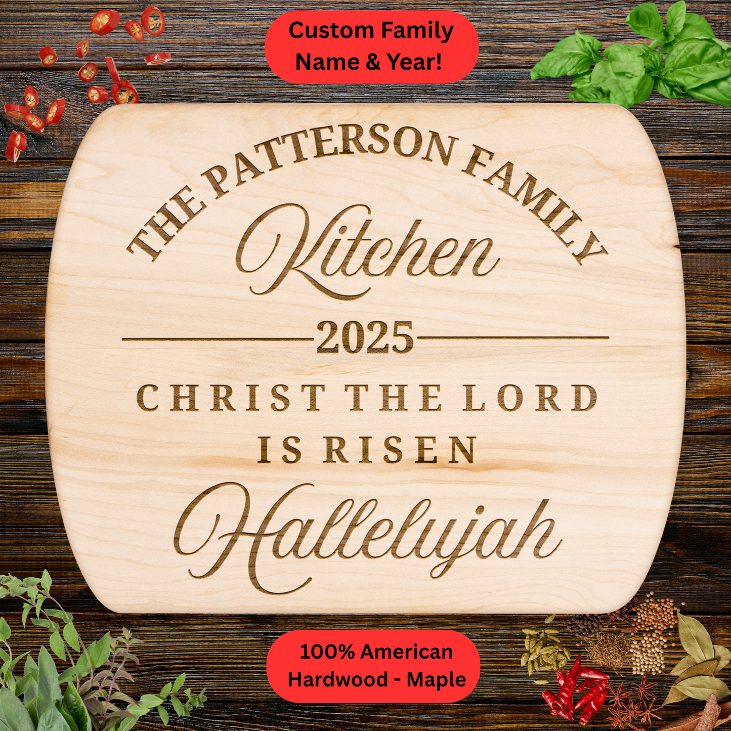 Personalized Christian Cutting Board. Custom Family Name and Year. Walnut or Maple