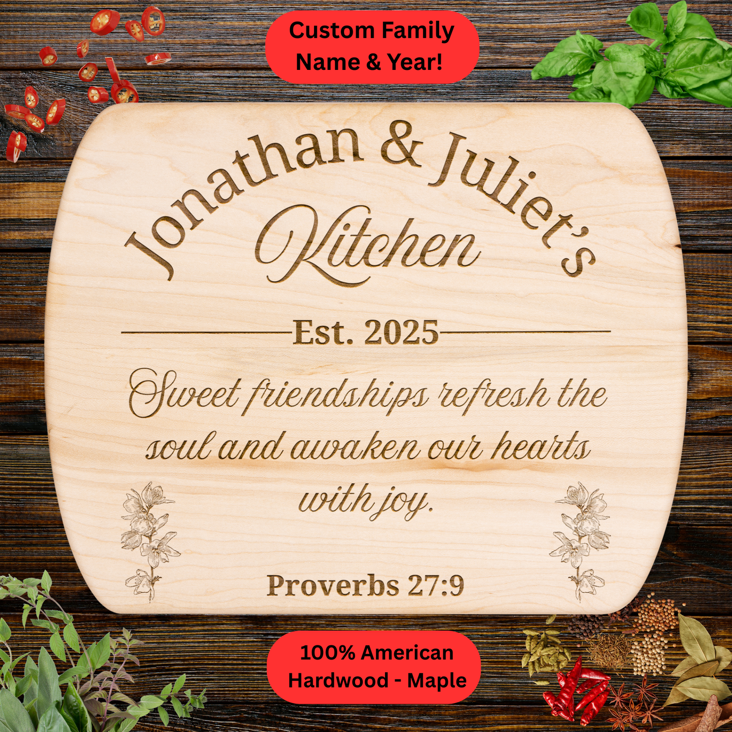 Personalized Scripture Cutting Board Gift. Custom Family Name and Year. Walnut or Maple. Valentines Day Gift. Couples Gift