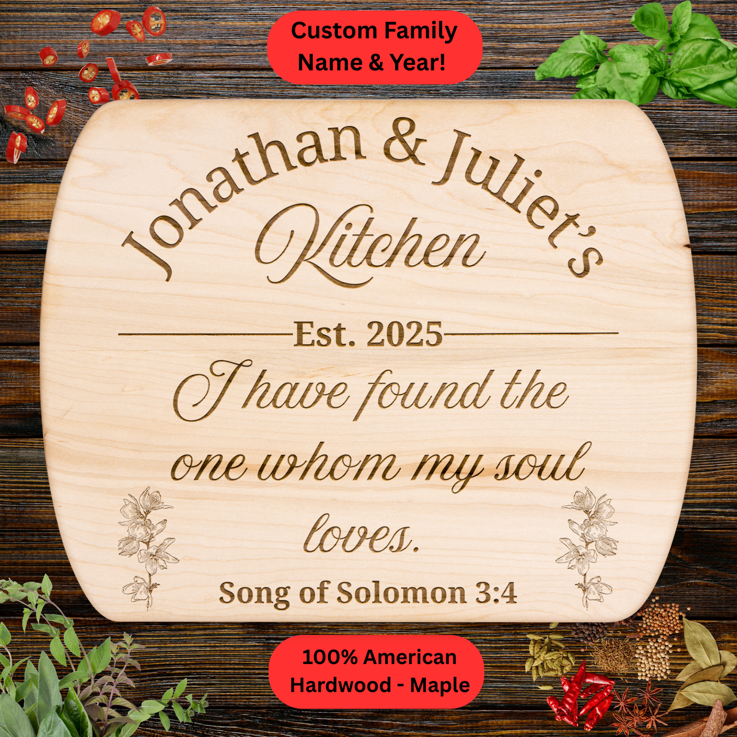 Personalized Christian Cutting Board Gift. Custom Family Name and Year. Walnut or Maple. Valentines Day Gift. Wedding Gift. Couples Gift.