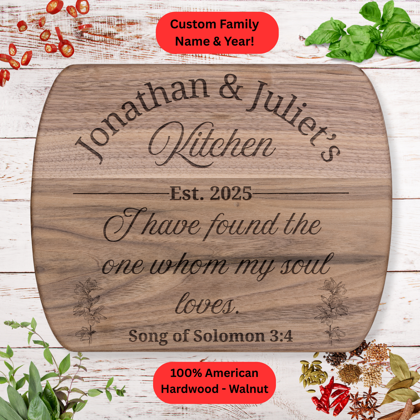 Personalized Christian Cutting Board Gift. Custom Family Name and Year. Walnut or Maple. Valentines Day Gift. Wedding Gift. Couples Gift.