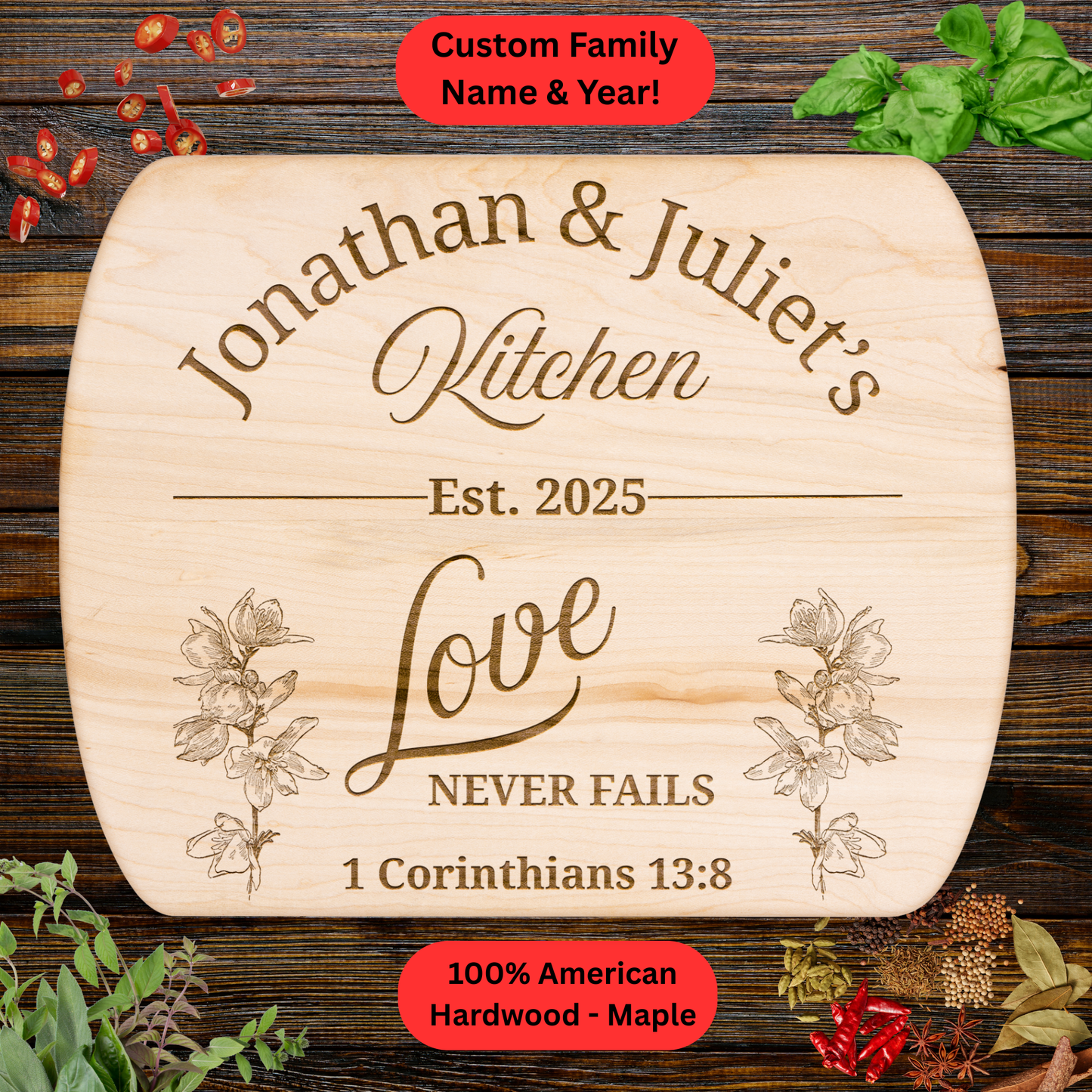 Personalized Christian Cutting Board Gift. Custom Family Name and Year. Walnut or Maple. Valentines Day Gift. Wedding Gift. Anniversary Gift