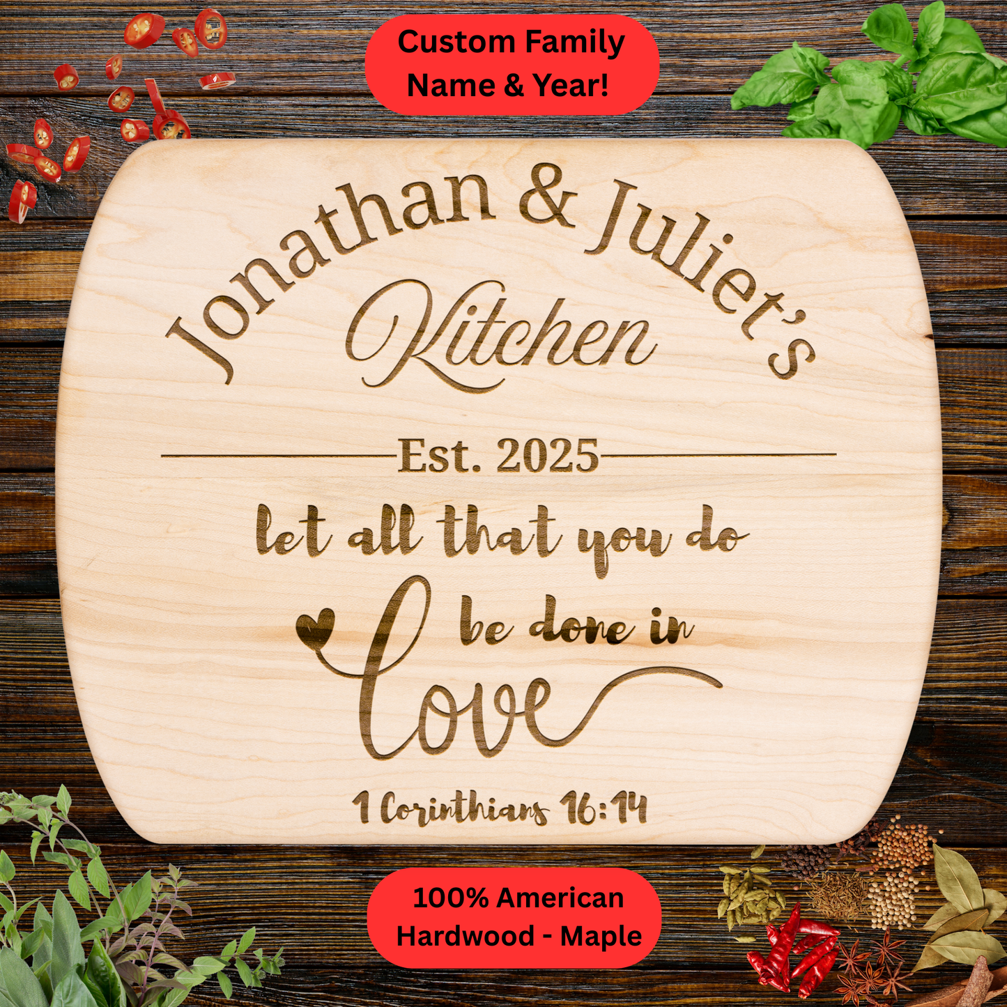 Personalized Christian Cutting Board Gift. Custom Family Name and Year. Walnut or Maple. Valentines Day. Wedding Gift. Anniversary Gift