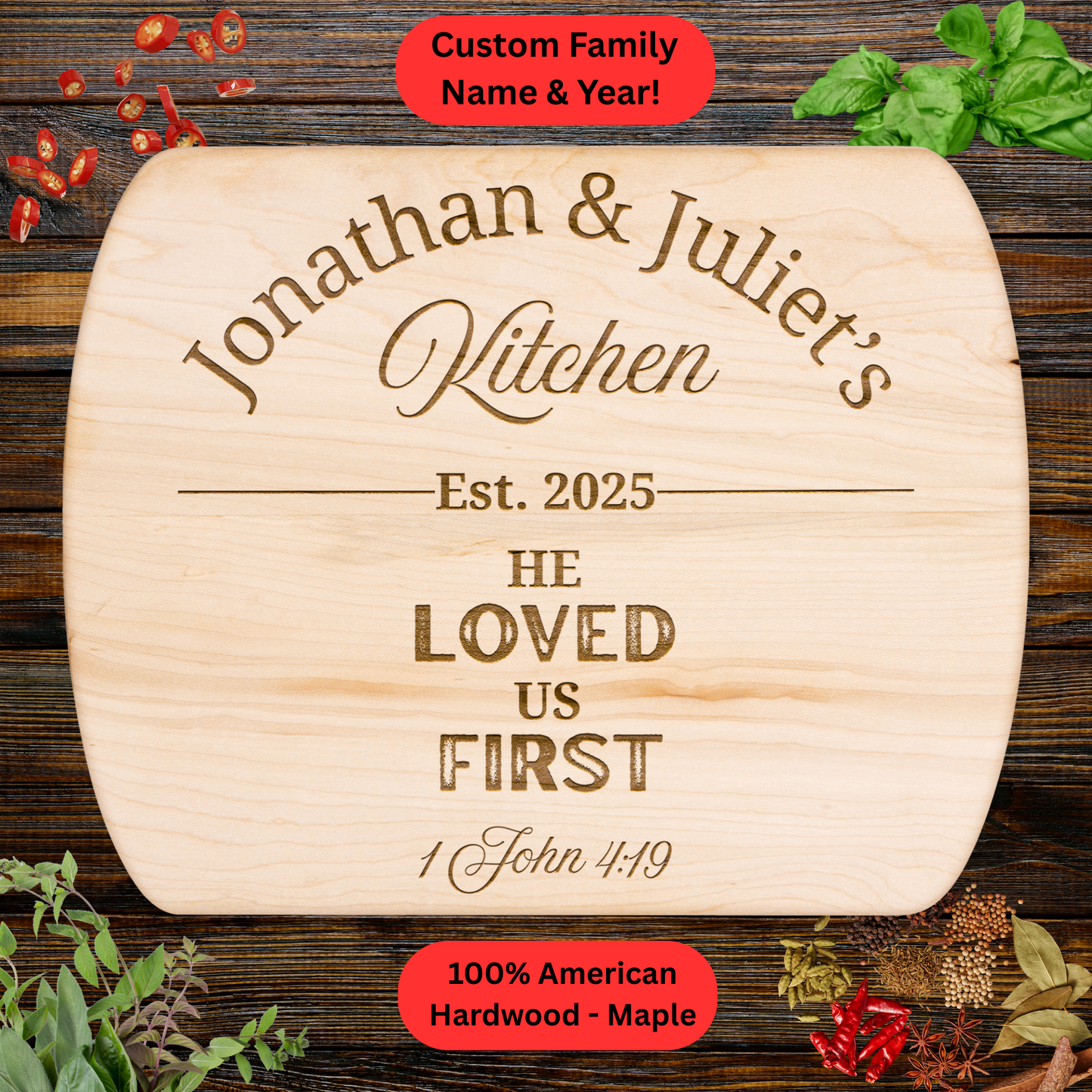 Personalized Christian Cutting Board Gift. Custom Family Name and Year. Walnut or Maple. Valentines Day Gift. Wedding Gift. Anniversary Gift